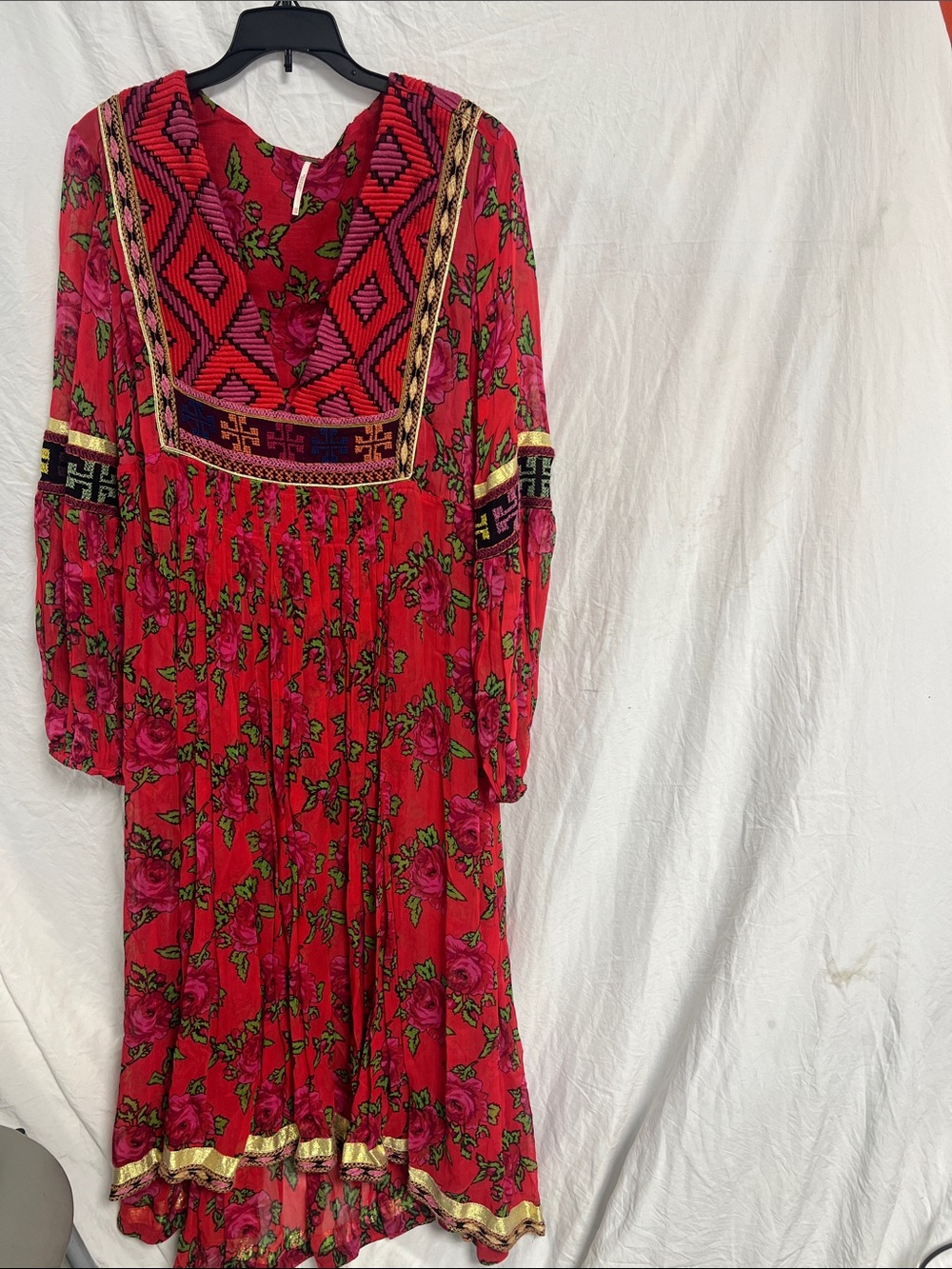Red Floral Long-Sleeve Embroidered Boho Midi Dress see through sleeves